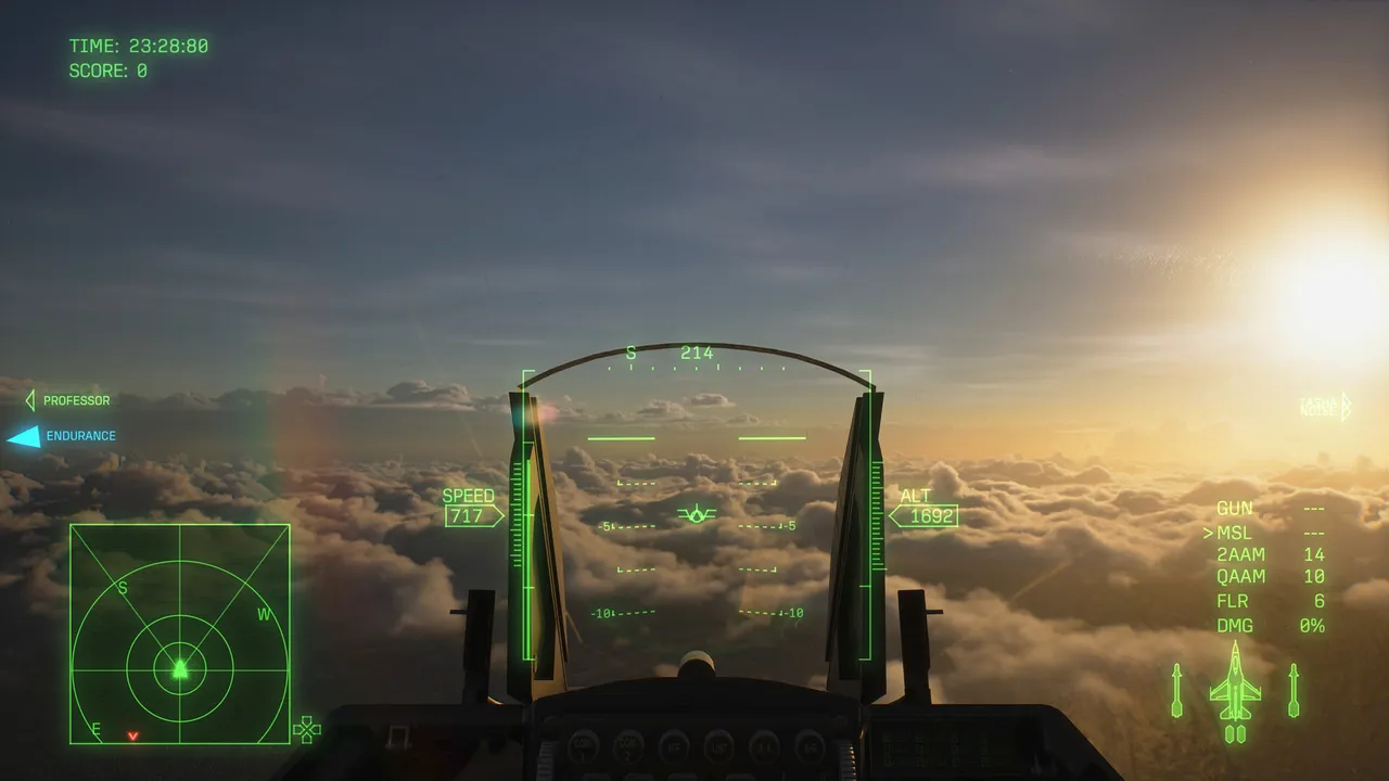Cockpit view at sunset with the green head-up display over a sea of clouds