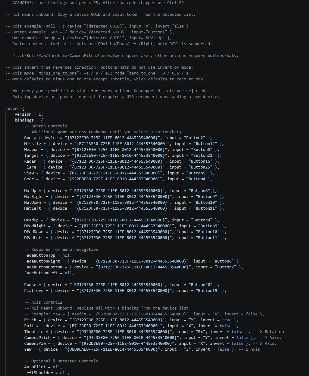 AC8HOTAS example bindings.lua assigning buttons and flight axes to game actions