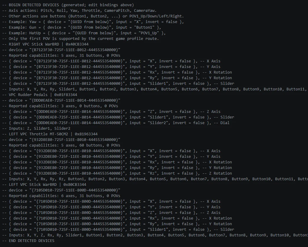 AC8HOTAS generated list showing controller identifiers, axes and buttons