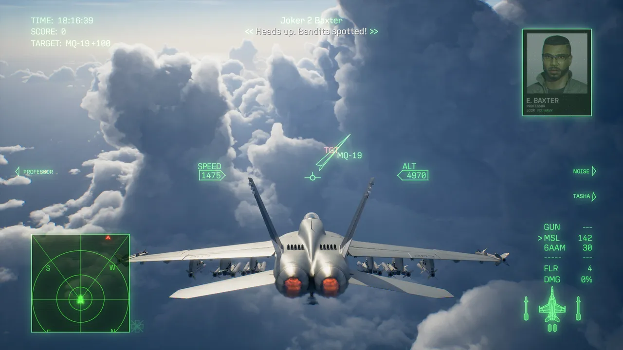 Chase view of a fighter among towering clouds, with the radar, speed and altitude readouts on the head-up display