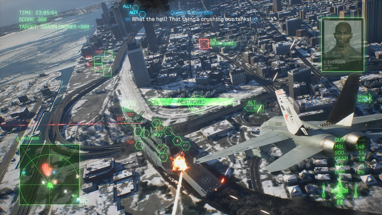A fighter strikes targets in a snow-covered city, with the head-up display and radar on screen