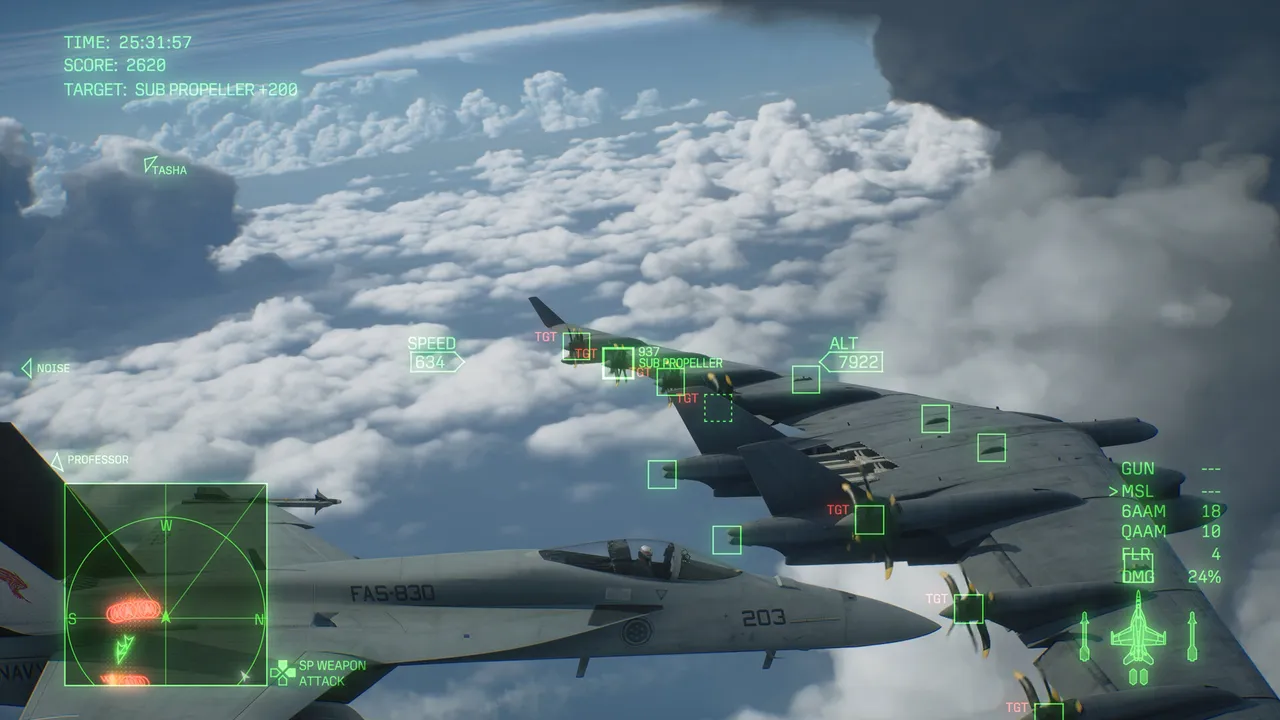 Several fighters flying through clouds with target boxes and the radar on the head-up display