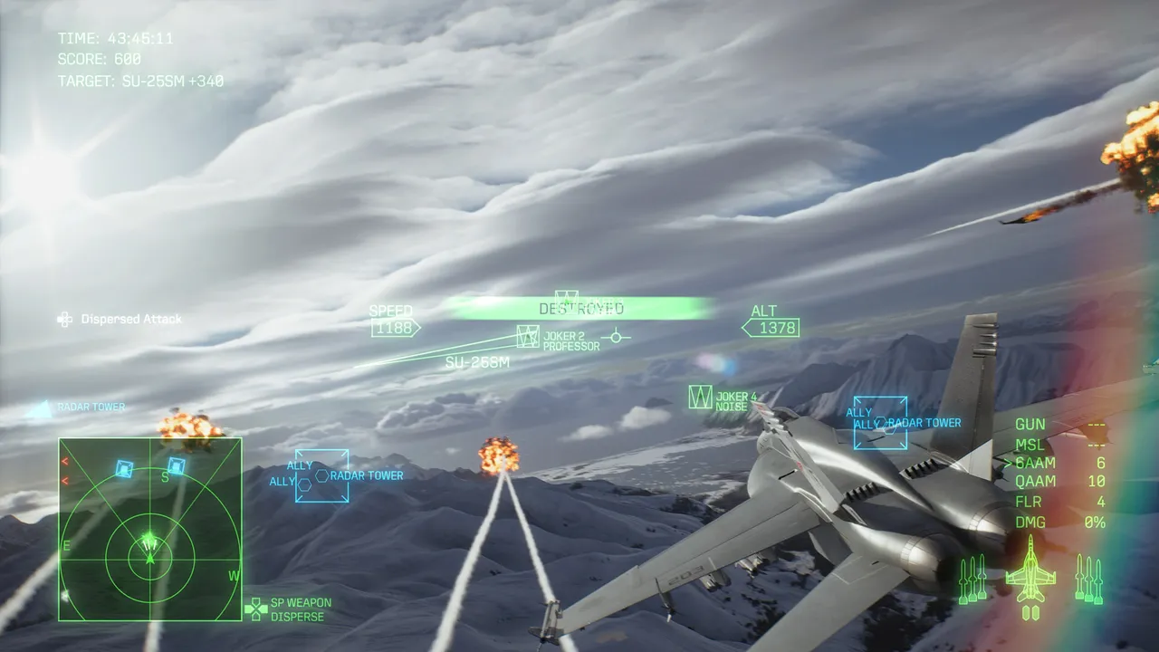 A fighter firing on ground targets over snowy mountains, head-up display on screen
