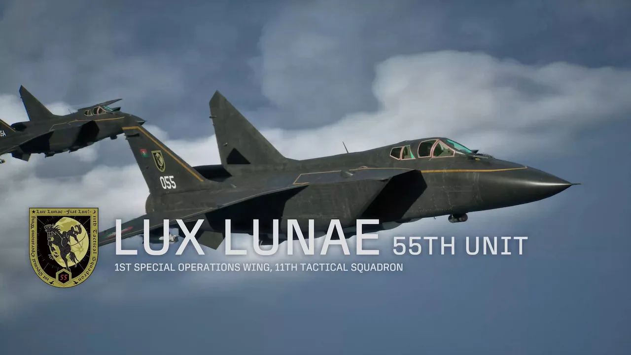 A dark fighter in flight beside an on-screen card reading Lux Lunae 55th Unit