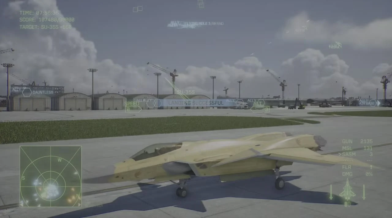 Mission 28 fighter on the air-base runway with Landing Successful shown