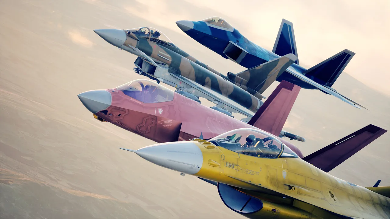 Four fighters in formation, each in a different bright custom paint scheme