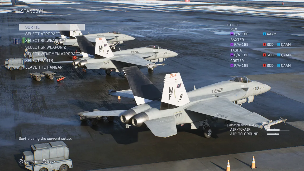 The sortie screen: jets parked on a carrier deck with menus for aircraft, special weapons and parts